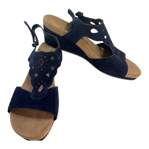 Bjorndal Womens 8.5 Navy Blue Suede Slingback Wedge Heel Sandals Cut-Out - Picture 1 of 11